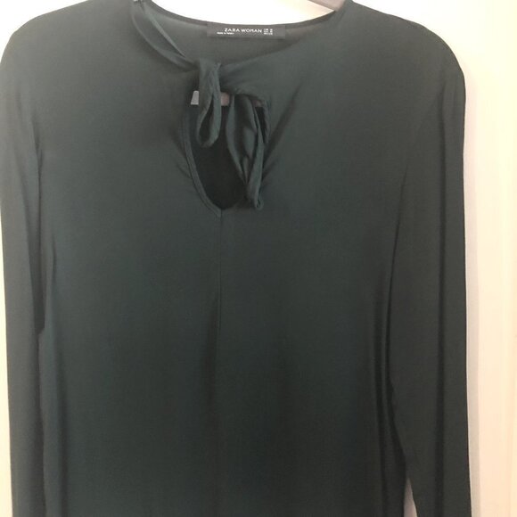 zara Dark Green Keyhole Tie Neck Long Sleeve Blouse - Picture 2 of 9